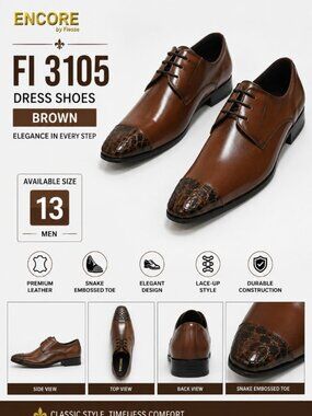 NWB Encore by Fiesso FI3105 Brown Snake Embossed Leather Dress Shoes Size 13